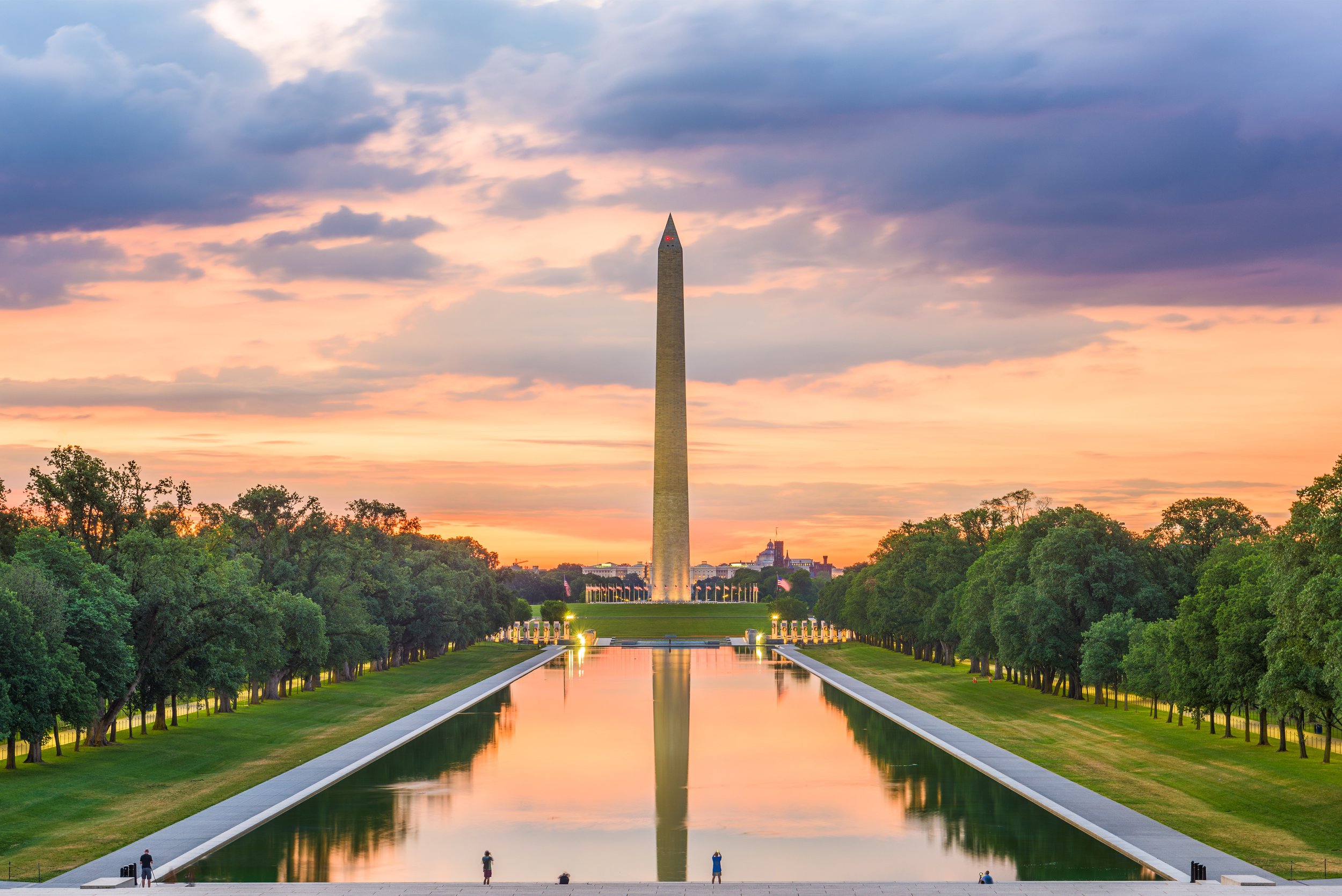 Washington Monument on the Reflecting Pool in Washington, D.C. at dawn.